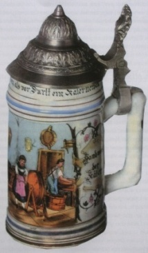 Handwerk: der Kser auf einem Bierkrug aus Bayern um 1900)