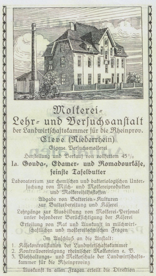 Molkerei- Lehr- und Versuchsanstalt der Landwirtschaftskammer für die Rheinprovinz Cleve (Niederrhein), Werbung, 1925